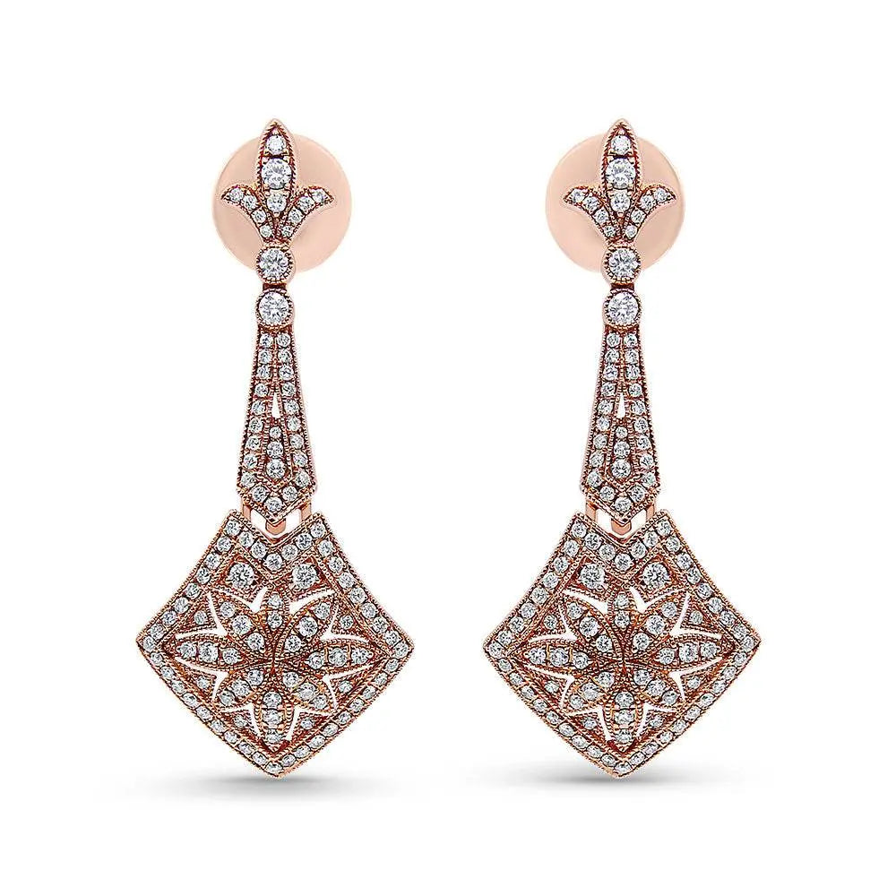 18K Rose Gold 1 1/3 Cttw Diamond Studded Fleur De Lis Trellis Style Drop and Dangle Earring (F-G Color, VS1-VS2 Clarity) - Bijoux-NYC Direct