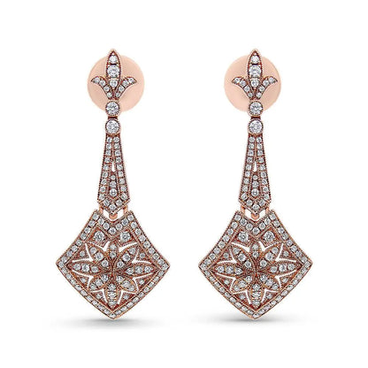 18K Rose Gold 1 1/3 Cttw Diamond Studded Fleur De Lis Trellis Style Drop and Dangle Earring (F-G Color, VS1-VS2 Clarity) - Bijoux-NYC Direct