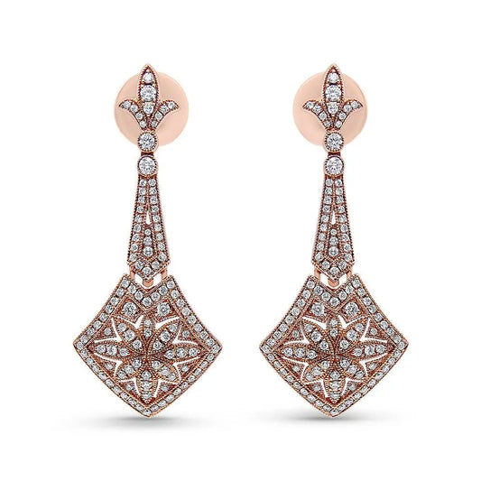 18K Rose Gold 1 1/3 Cttw Diamond Studded Fleur De Lis Trellis Style Drop and Dangle Earring (F-G Color, VS1-VS2 Clarity) - Bijoux-NYC Direct
