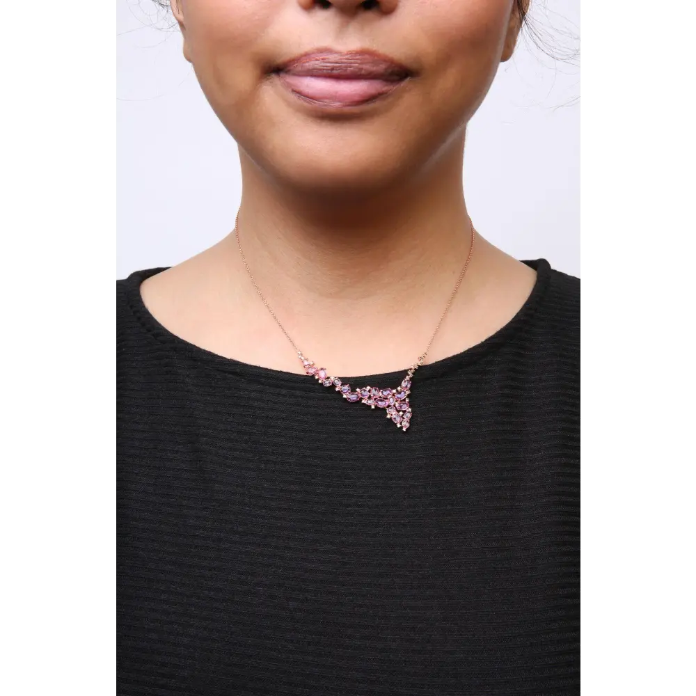 18K Rose Gold 1/2 Cttw Brown Diamond and Multi-Size Oval Pink Sapphire Cluster Cascade Statement Station Necklace (Brown Color, SI1-SI2 Clarity) - Adjustable up to 14" to 16" - Bijoux-NYC Direct