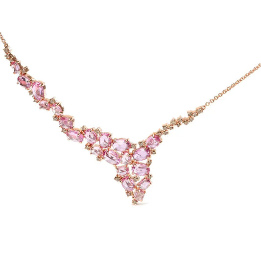 18K Rose Gold 1/2 Cttw Brown Diamond and Multi-Size Oval Pink Sapphire Cluster Cascade Statement Station Necklace (Brown Color, SI1-SI2 Clarity) - Adjustable up to 14" to 16" - Bijoux-NYC Direct