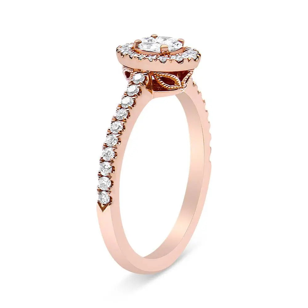 18K Rose Gold 1/2 Cttw Composite Marquise Composite Diamond Oval Shaped Halo Engagement Ring (F-G Color, VS1-VS2 Clarity) - Bijoux-NYC Direct