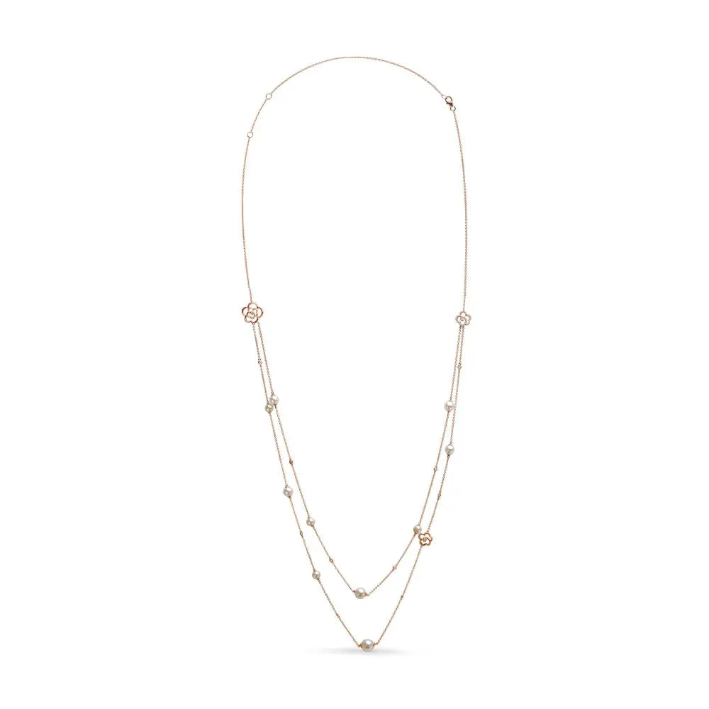 18K Rose Gold 1/2 Cttw Diamond and Freshwater Pearl Double Strand Station Necklace  (G-H Color, SI1-SI2 Clarity) - Adjustable up to 16" to 20" - Bijoux-NYC Direct