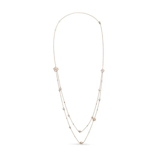 18K Rose Gold 1/2 Cttw Diamond and Freshwater Pearl Double Strand Station Necklace  (G-H Color, SI1-SI2 Clarity) - Adjustable up to 16" to 20" - Bijoux-NYC Direct