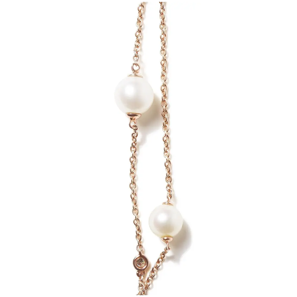 18K Rose Gold 1/2 Cttw Diamond and Freshwater Pearl Double Strand Station Necklace  (G-H Color, SI1-SI2 Clarity) - Adjustable up to 16" to 20" - Bijoux-NYC Direct