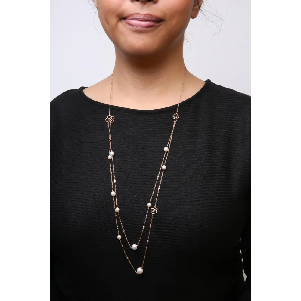 18K Rose Gold 1/2 Cttw Diamond and Freshwater Pearl Double Strand Station Necklace  (G-H Color, SI1-SI2 Clarity) - Adjustable up to 16" to 20" - Bijoux-NYC Direct