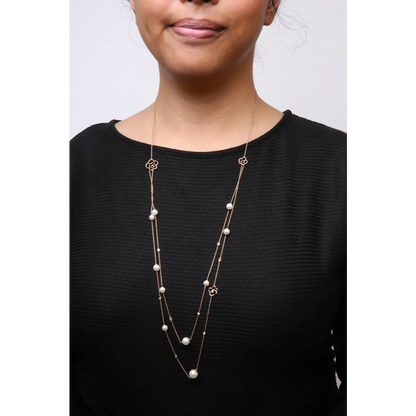 18K Rose Gold 1/2 Cttw Diamond and Freshwater Pearl Double Strand Station Necklace  (G-H Color, SI1-SI2 Clarity) - Adjustable up to 16" to 20" - Bijoux-NYC Direct