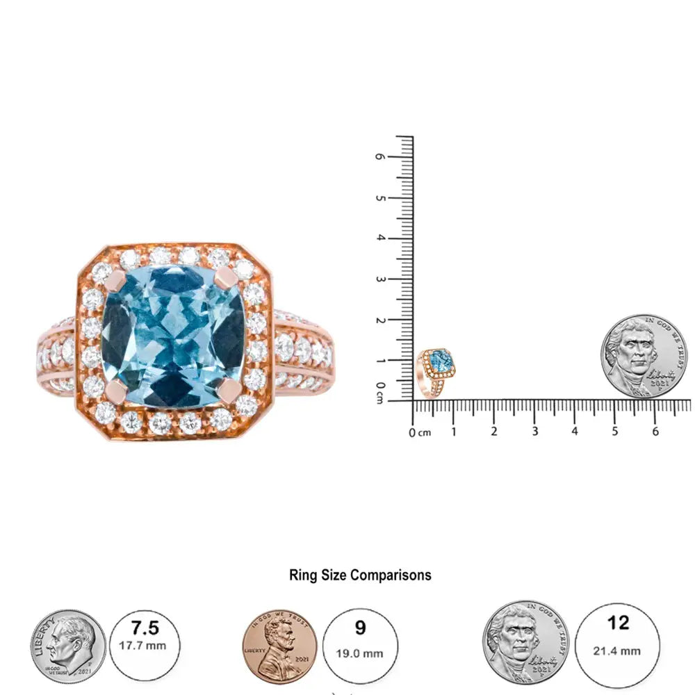 18K Rose Gold 10x10mm Cushion Shaped Aquamarine and 1 1/8 Cttw Round Diamond Halo Ring (F-G Color, VS1-VS2 Clarity) - Bijoux-NYC Direct