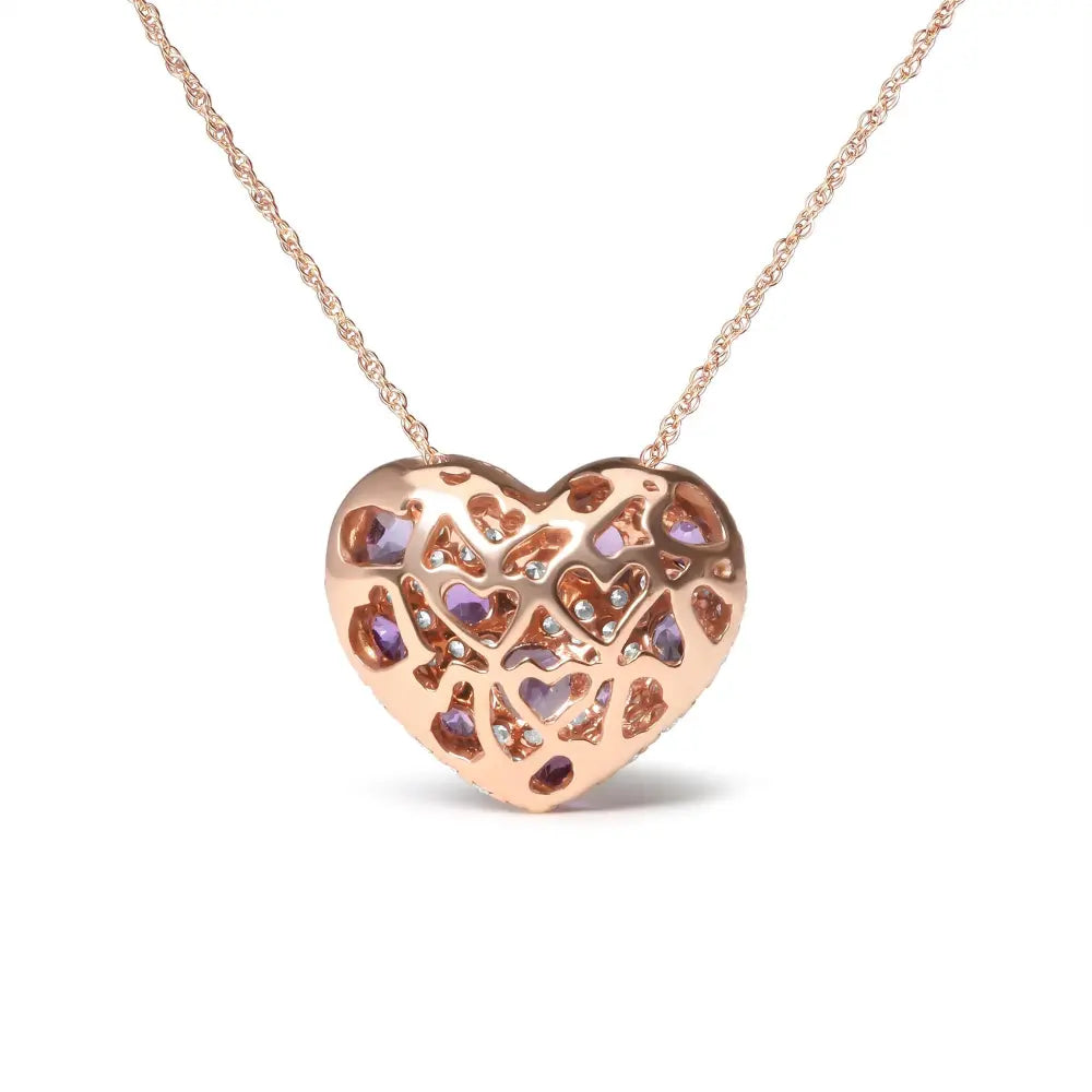 18K Rose Gold 3/4 Cttw Diamond and Purple Amethyst Cluster Heart Shape 18" Pendant Necklace (G-H Color, SI1-SI2 Clarity) - Bijoux-NYC Direct