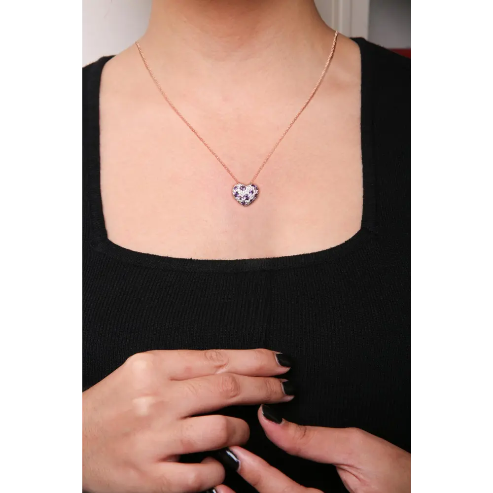 18K Rose Gold 3/4 Cttw Diamond and Purple Amethyst Cluster Heart Shape 18" Pendant Necklace (G-H Color, SI1-SI2 Clarity) - Bijoux-NYC Direct