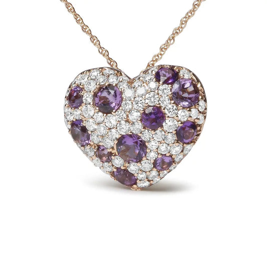 18K Rose Gold 3/4 Cttw Diamond and Purple Amethyst Cluster Heart Shape 18" Pendant Necklace (G-H Color, SI1-SI2 Clarity) - Bijoux-NYC Direct
