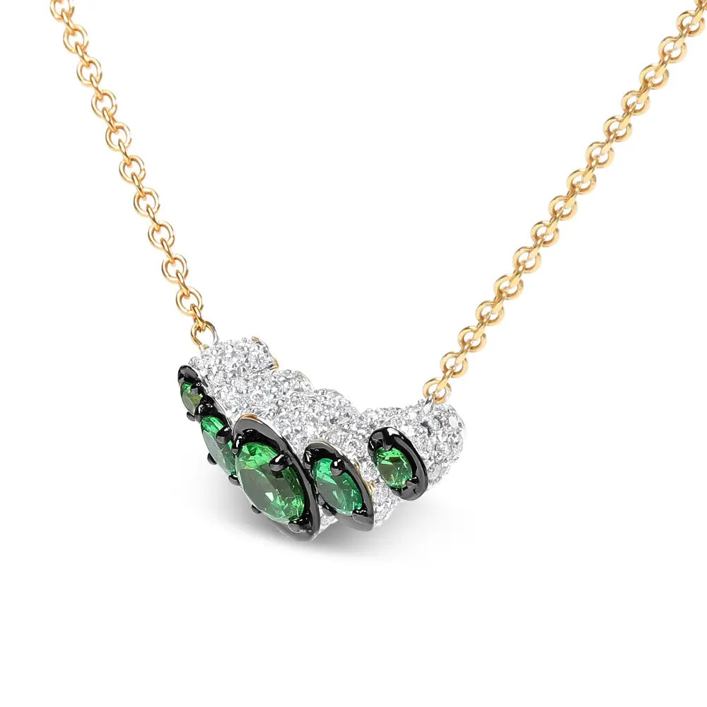 18K Rose Gold 3/4 Cttw Pave Diamonds and Graduated Green Tsavorite Gemstone Curved Bar Choker Necklace (G-H Color, SI1-SI2 Clarity) - Adjustable up to 14" - 16.5" - Bijoux-NYC Direct