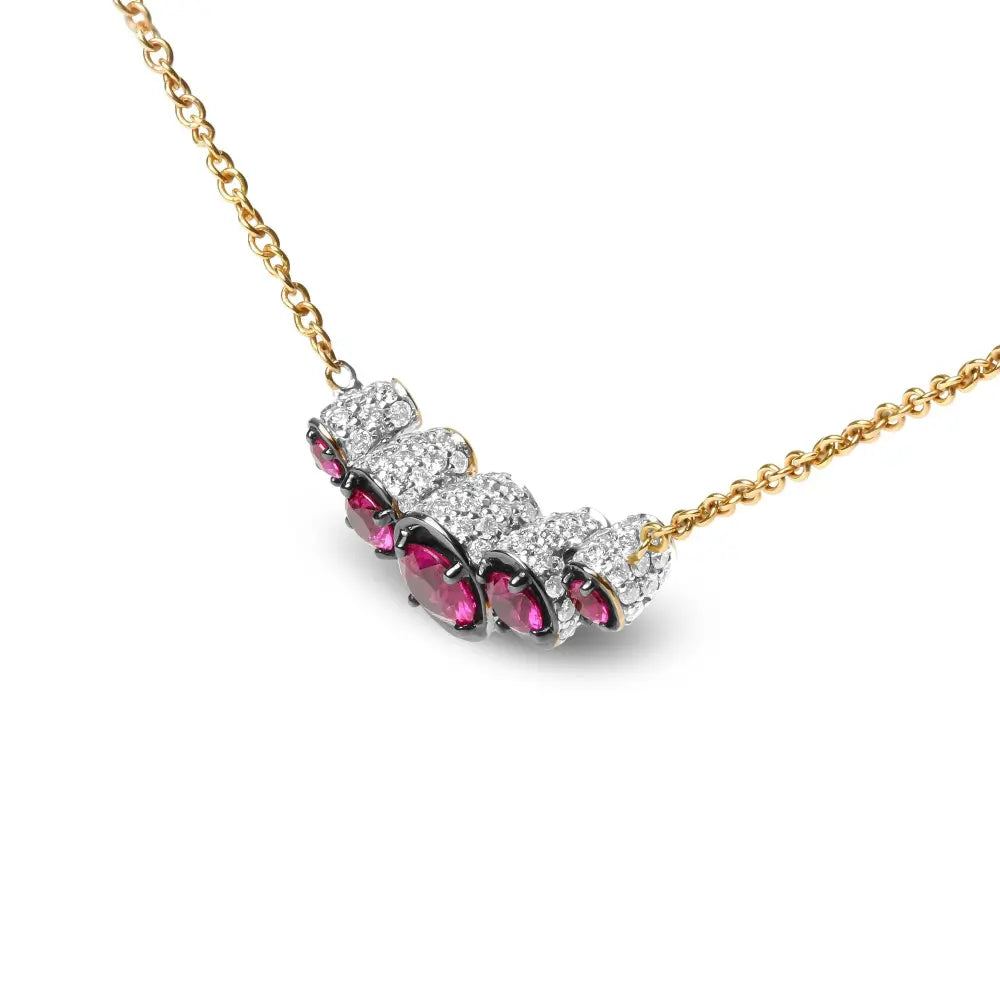 18K Rose Gold 3/4 Cttw Pave Diamonds and Graduated Red Ruby Gemstone Curved Bar Choker Necklace (G-H Color, SI1-SI2 Clarity) - Adjustable up to 14" - 16.5" - Bijoux-NYC Direct