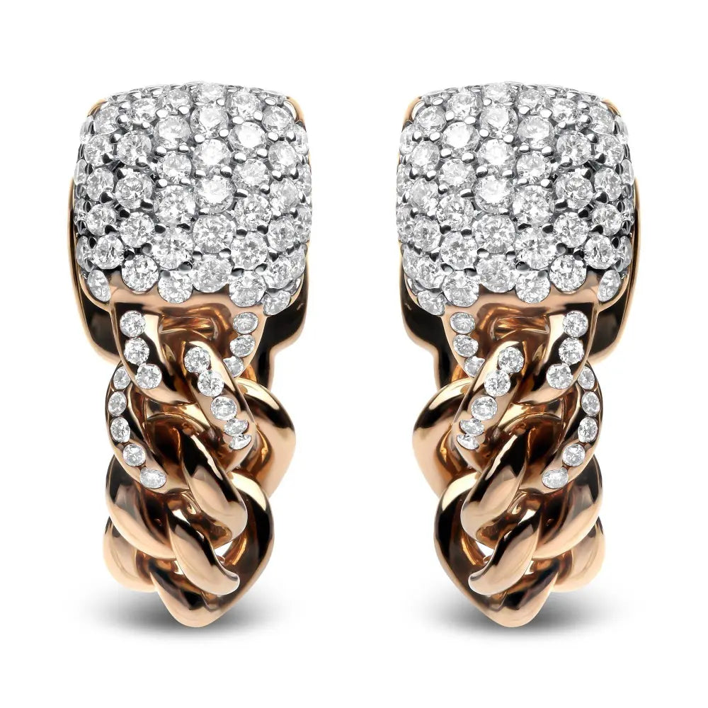 18K Rose Gold 3/4 Cttw Round Diamond Pave Cuban Chain Huggie Earrings (G-H Color, SI1-SI2 Clarity) - Bijoux-NYC Direct
