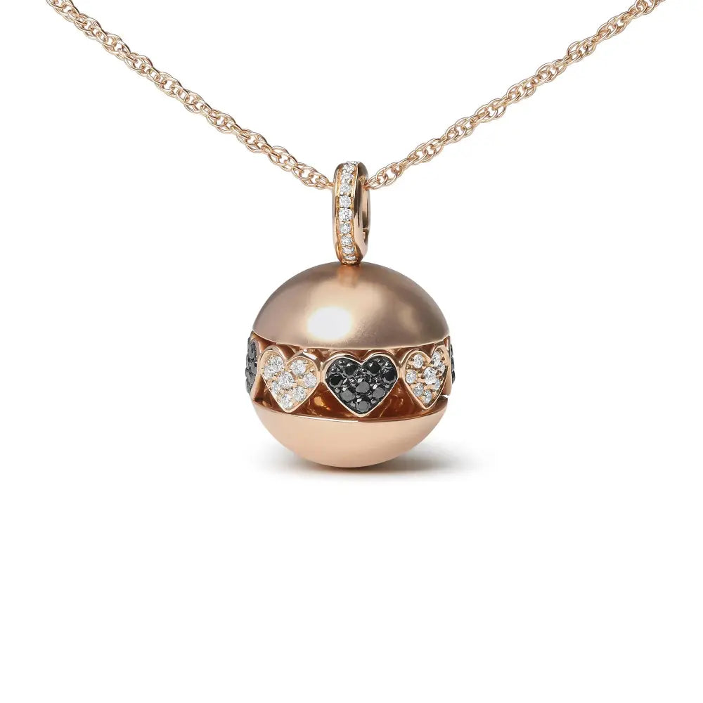 18k rose gold 3/8 cttw black and white diamond ball with filigree heart and cluster design 18’’ pendant necklace (black