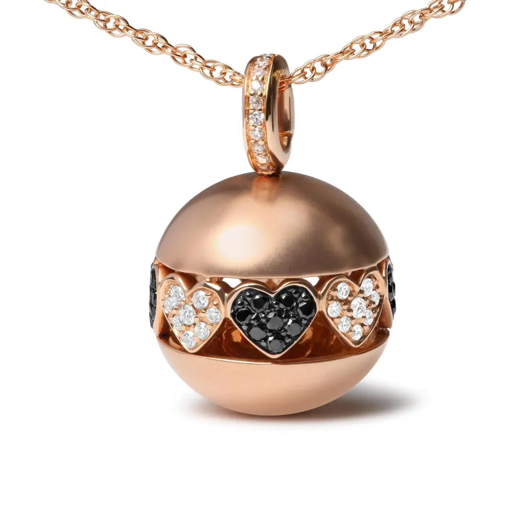 18k rose gold 3/8 cttw black and white diamond ball with filigree heart and cluster design 18’’ pendant necklace (black