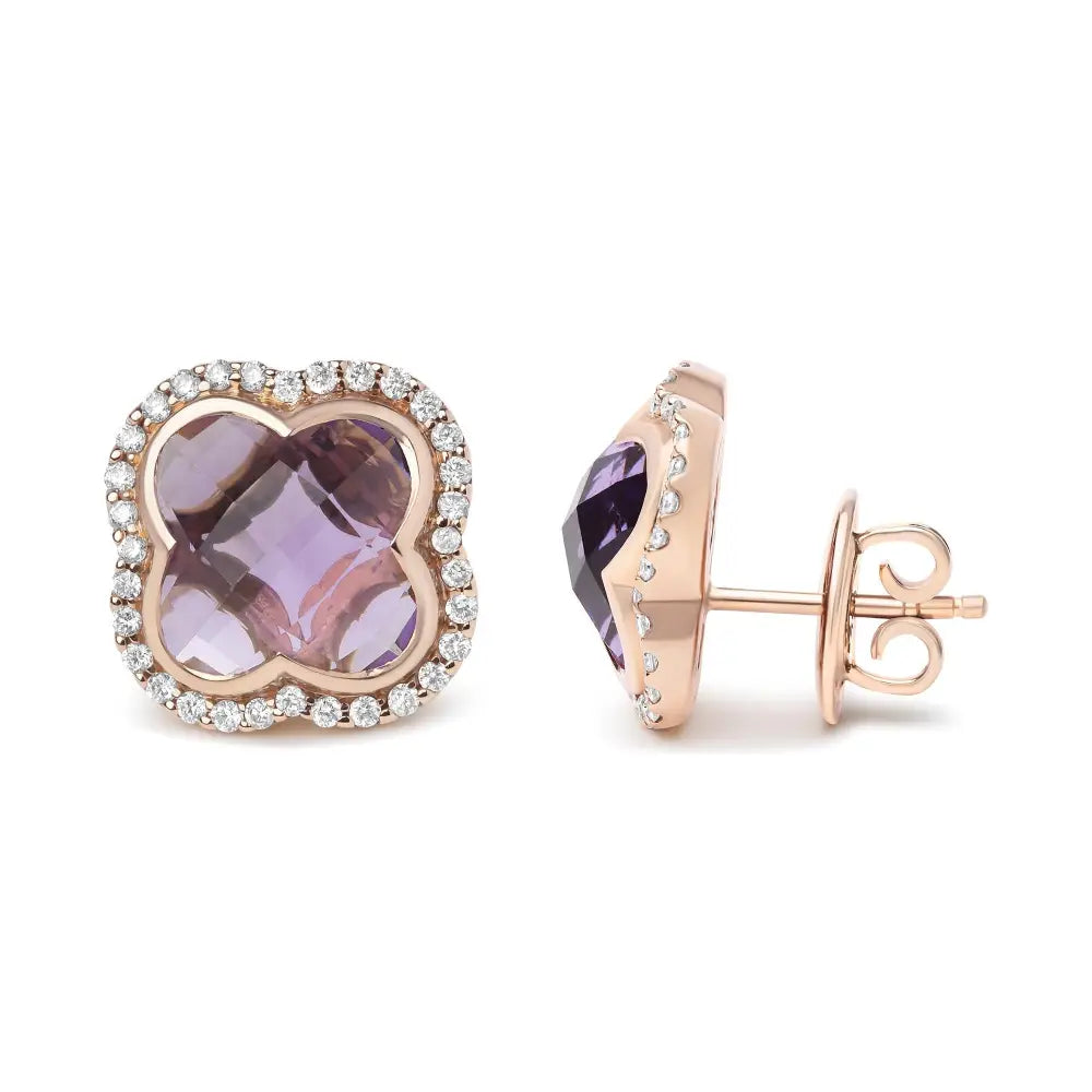 18k rose gold 11mm amethyst clover halo diamond stud earrings bijoux-nyc direct