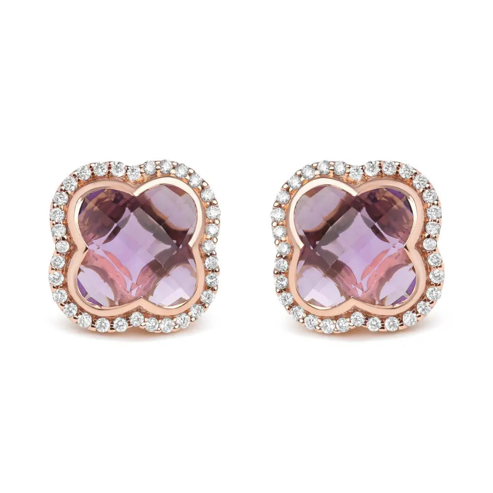 18k rose gold 11mm amethyst clover halo diamond stud earrings bijoux-nyc direct
