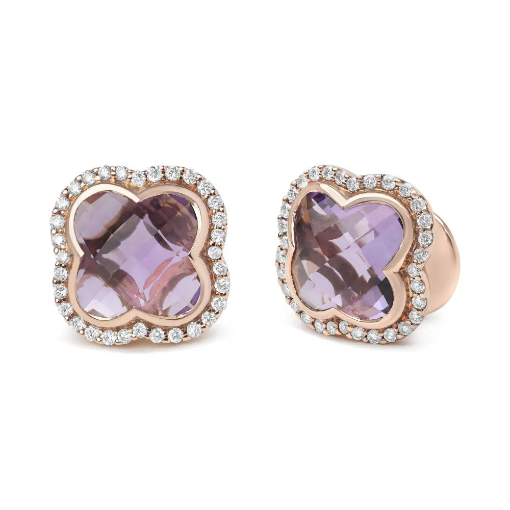 18K Rose Gold 3/8 Cttw Diamond and 11x11mm Clover-Cut Purple Amethyst Gemstone Clover Halo Stud Earrings (G-H Color, SI1-SI2 Clarity) - Bijoux-NYC Direct