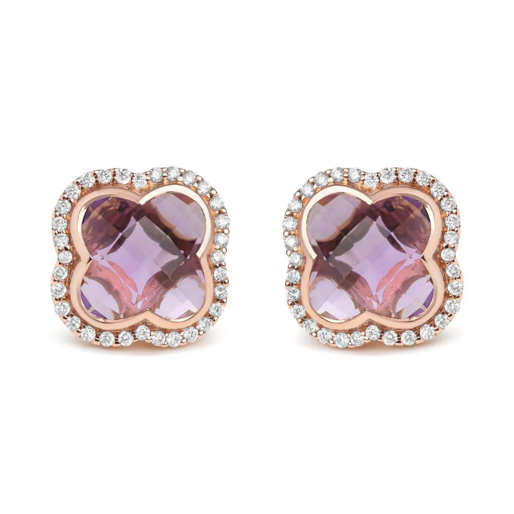 18K Rose Gold 3/8 Cttw Diamond and 11x11mm Clover-Cut Purple Amethyst Gemstone Clover Halo Stud Earrings (G-H Color, SI1-SI2 Clarity) - Bijoux-NYC Direct