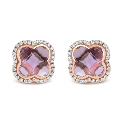 18K Rose Gold 3/8 Cttw Diamond and 11x11mm Clover-Cut Purple Amethyst Gemstone Clover Halo Stud Earrings (G-H Color, SI1-SI2 Clarity) - Bijoux-NYC Direct
