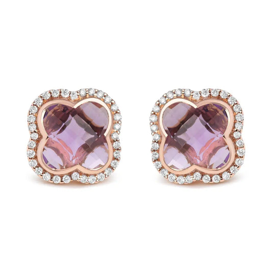 18K Rose Gold 3/8 Cttw Diamond and 11x11mm Clover-Cut Purple Amethyst Gemstone Clover Halo Stud Earrings (G-H Color, SI1-SI2 Clarity) - Bijoux-NYC Direct