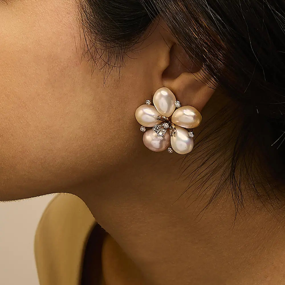 18k rose gold diamond and freshwater pearl blossom stud earrings bijoux-nyc direct