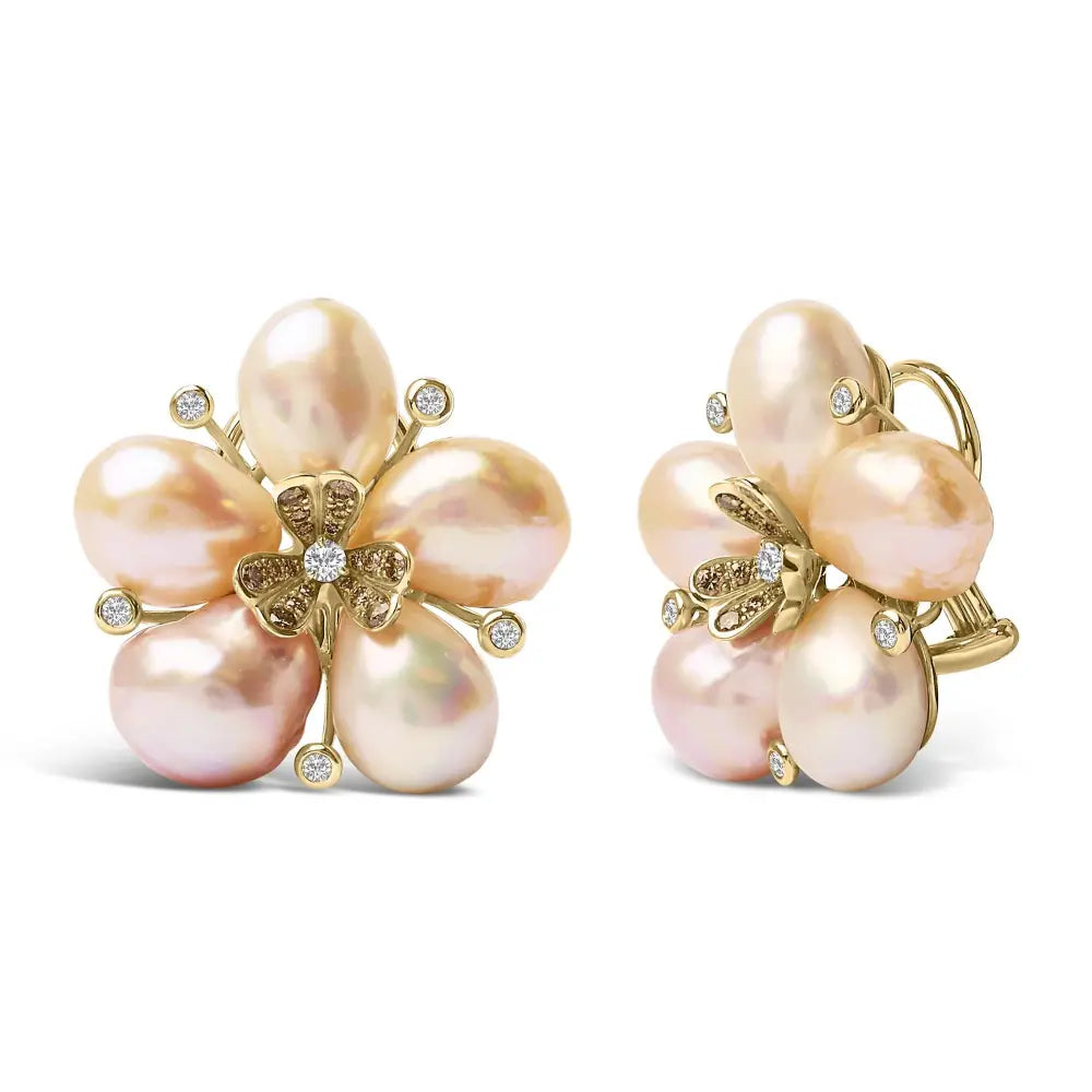 18k rose gold diamond and freshwater pearl blossom stud earrings bijoux-nyc direct