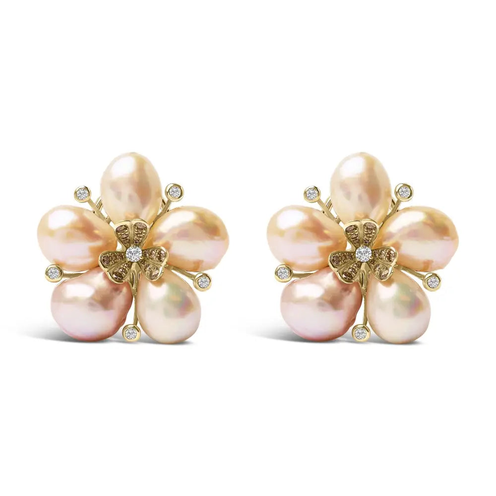 18k rose gold diamond and freshwater pearl blossom stud earrings bijoux-nyc direct
