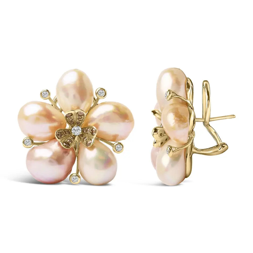 18k rose gold diamond and freshwater pearl blossom stud earrings bijoux-nyc direct