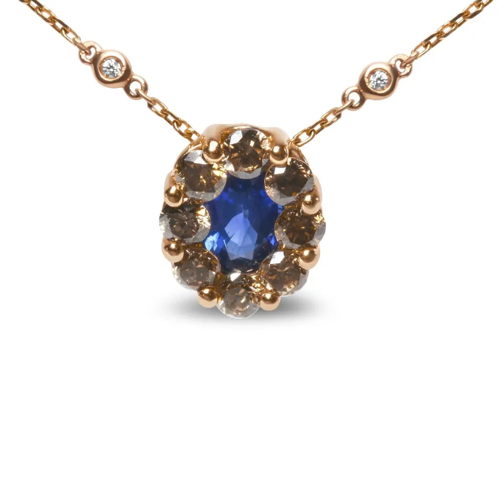 18K Rose Gold 5/8 Cttw White and Brown Diamond Accent and 7 x 4mm Oval Blue Sapphire Gemstone Statement Halo Cluster Pendant Necklace (Brown and G-H Color, SI1-SI2 Clarity) - Adjustable up to 16" - 18" - Bijoux-NYC Direct