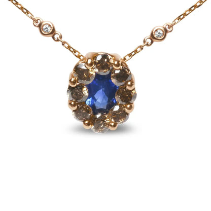 18K Rose Gold 5/8 Cttw White and Brown Diamond Accent and 7 x 4mm Oval Blue Sapphire Gemstone Statement Halo Cluster Pendant Necklace (Brown and G-H Color, SI1-SI2 Clarity) - Adjustable up to 16" - 18" - Bijoux-NYC Direct