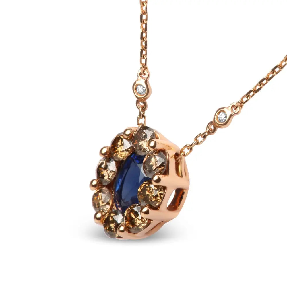 18K Rose Gold 5/8 Cttw White and Brown Diamond Accent and 7 x 4mm Oval Blue Sapphire Gemstone Statement Halo Cluster Pendant Necklace (Brown and G-H Color, SI1-SI2 Clarity) - Adjustable up to 16" - 18" - Bijoux-NYC Direct