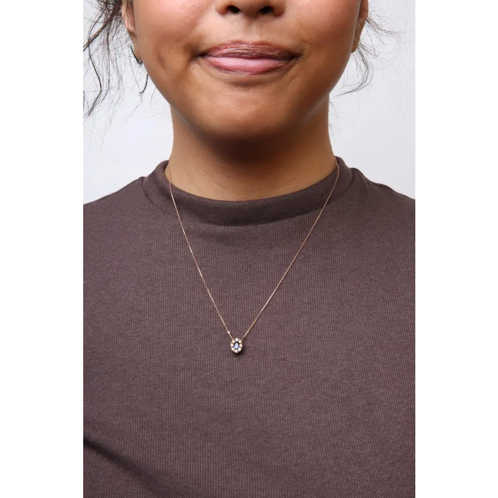 18K Rose Gold 5/8 Cttw White and Brown Diamond Accent and 7 x 4mm Oval Blue Sapphire Gemstone Statement Halo Cluster Pendant Necklace (Brown and G-H Color, SI1-SI2 Clarity) - Adjustable up to 16" - 18" - Bijoux-NYC Direct