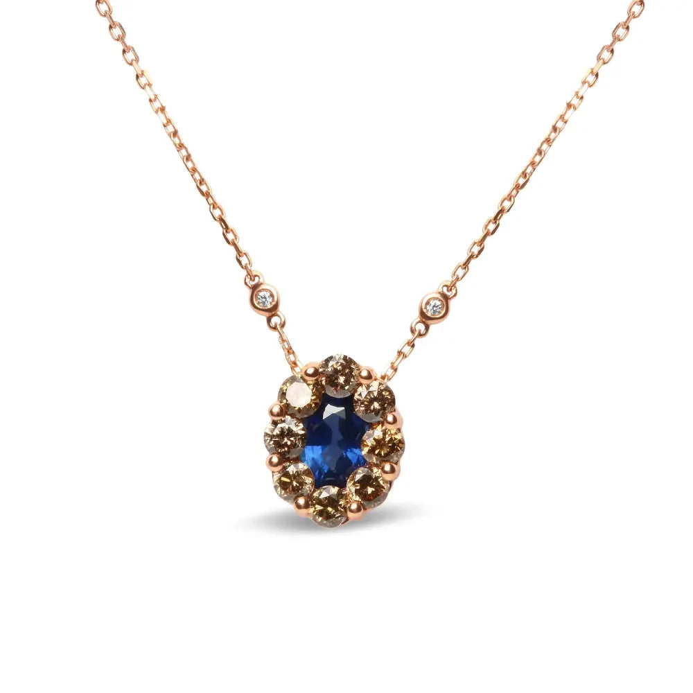 18K Rose Gold 5/8 Cttw White and Brown Diamond Accent and 7 x 4mm Oval Blue Sapphire Gemstone Statement Halo Cluster Pendant Necklace (Brown and G-H Color, SI1-SI2 Clarity) - Adjustable up to 16" - 18" - Bijoux-NYC Direct