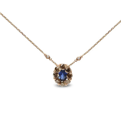 18K Rose Gold 5/8 Cttw White and Brown Diamond Accent and 7 x 4mm Oval Blue Sapphire Gemstone Statement Halo Cluster Pendant Necklace (Brown and G-H Color, SI1-SI2 Clarity) - Adjustable up to 16" - 18" - Bijoux-NYC Direct