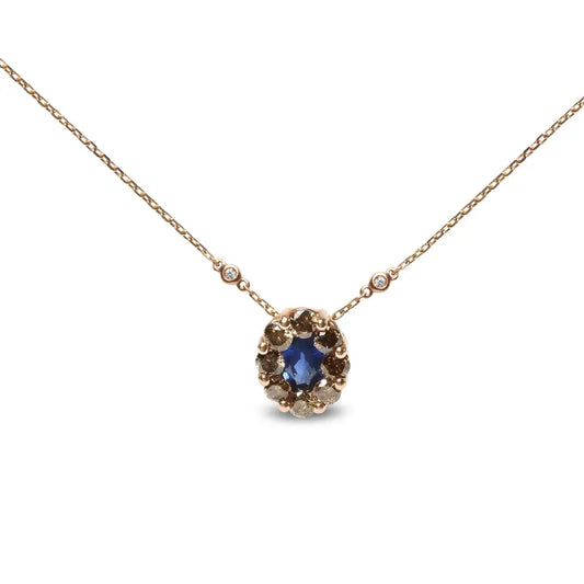 18K Rose Gold 5/8 Cttw White and Brown Diamond Accent and 7 x 4mm Oval Blue Sapphire Gemstone Statement Halo Cluster Pendant Necklace (Brown and G-H Color, SI1-SI2 Clarity) - Adjustable up to 16" - 18" - Bijoux-NYC Direct
