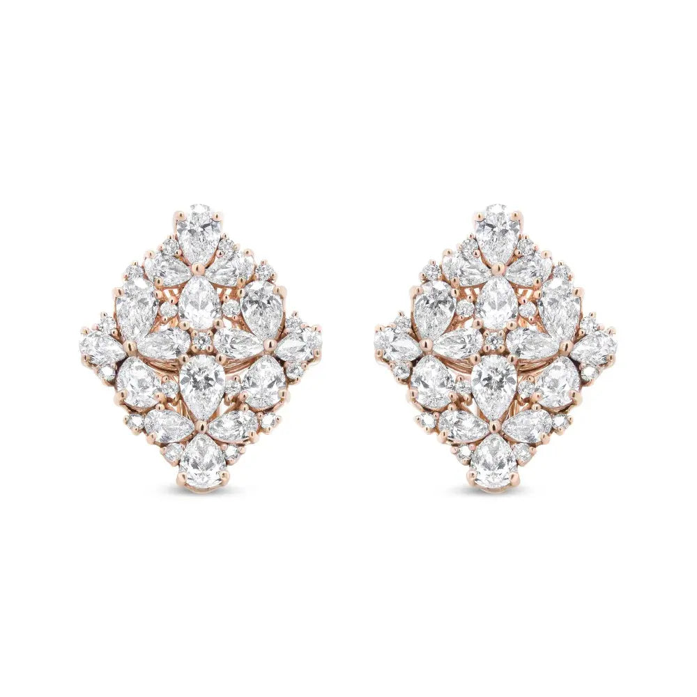 18K Rose Gold 8 1/3 Cttw Pear and Round Diamond Floral Cluster Omega Earrings (F-G Color, VS1-VS2 Clarity) - Bijoux-NYC Direct