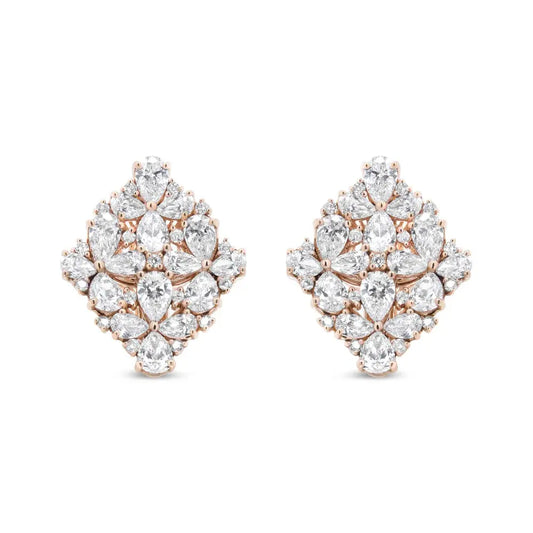 18K Rose Gold 8 1/3 Cttw Pear and Round Diamond Floral Cluster Omega Earrings (F-G Color, VS1-VS2 Clarity) - Bijoux-NYC Direct