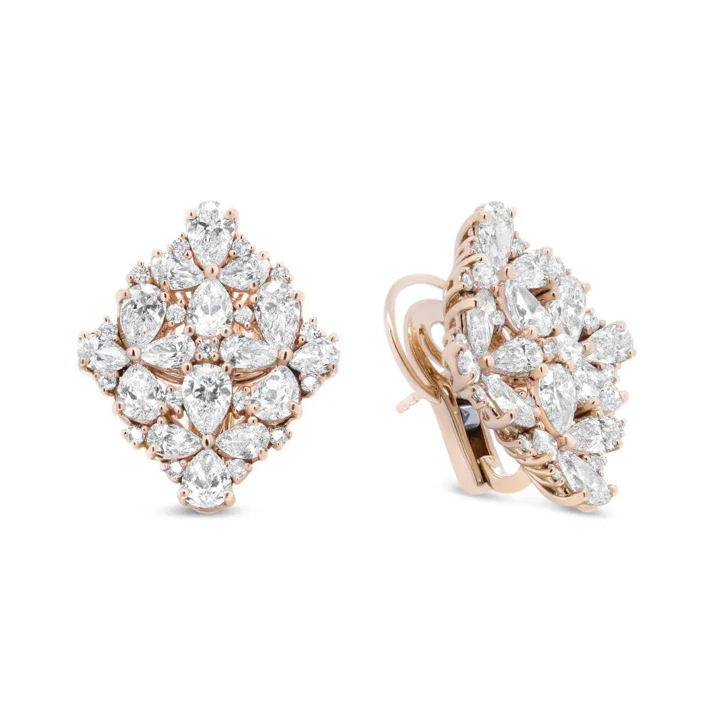 18K Rose Gold 8 1/3 Cttw Pear and Round Diamond Floral Cluster Omega Earrings (F-G Color, VS1-VS2 Clarity) - Bijoux-NYC Direct