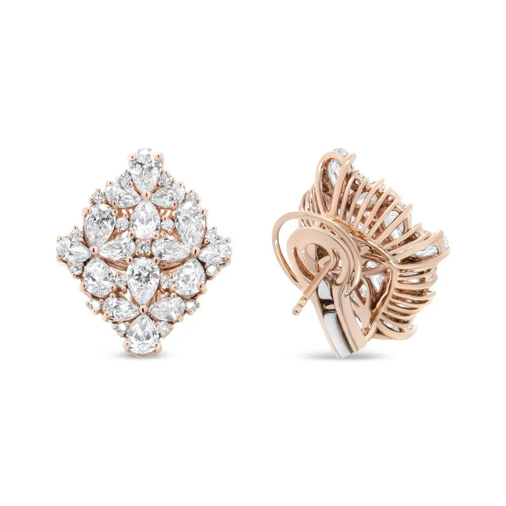 18K Rose Gold 8 1/3 Cttw Pear and Round Diamond Floral Cluster Omega Earrings (F-G Color, VS1-VS2 Clarity) - Bijoux-NYC Direct