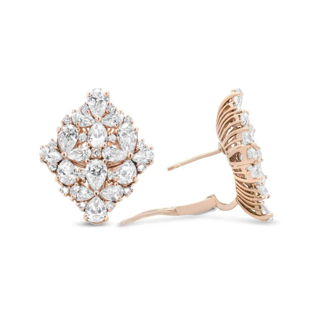 18K Rose Gold 8 1/3 Cttw Pear and Round Diamond Floral Cluster Omega Earrings (F-G Color, VS1-VS2 Clarity) - Bijoux-NYC Direct