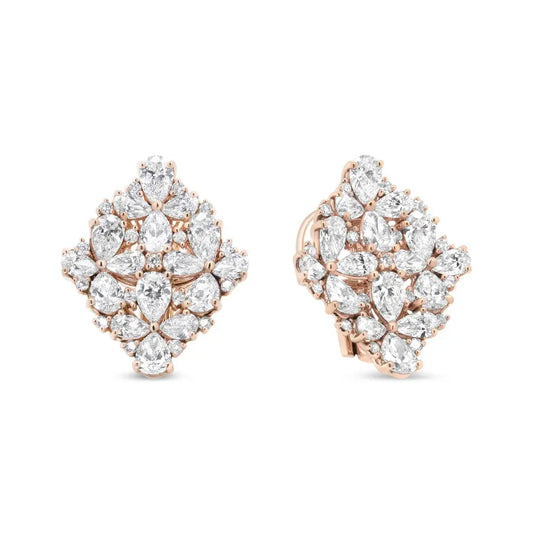 18K Rose Gold 8 1/3 Cttw Pear and Round Diamond Floral Cluster Omega Earrings (F-G Color, VS1-VS2 Clarity) - Bijoux-NYC Direct
