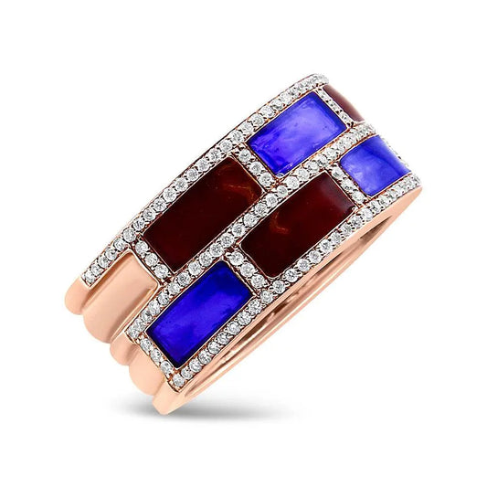 18K Rose Gold Alternating Red and Blue Enamel and 1/2 Cttw Diamond Studded Band Ring (F-G Color, VS1-VS2 Clarity) - Bijoux-NYC Direct