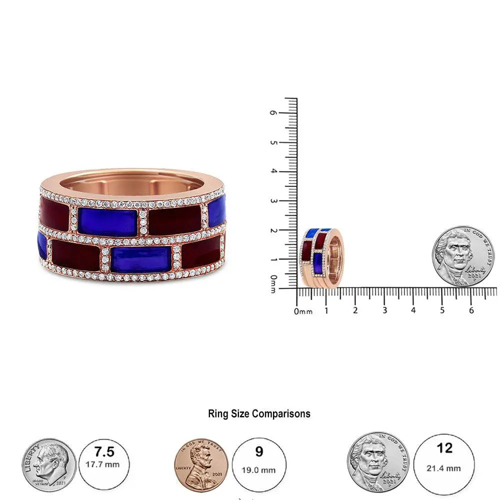 18K Rose Gold Alternating Red and Blue Enamel and 1/2 Cttw Diamond Studded Band Ring (F-G Color, VS1-VS2 Clarity) - Bijoux-NYC Direct