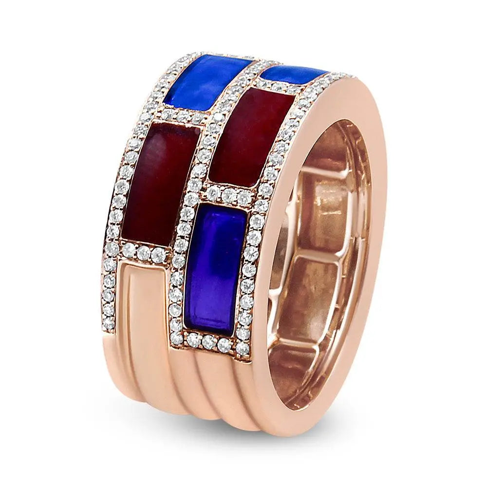 18K Rose Gold Alternating Red and Blue Enamel and 1/2 Cttw Diamond Studded Band Ring (F-G Color, VS1-VS2 Clarity) - Bijoux-NYC Direct