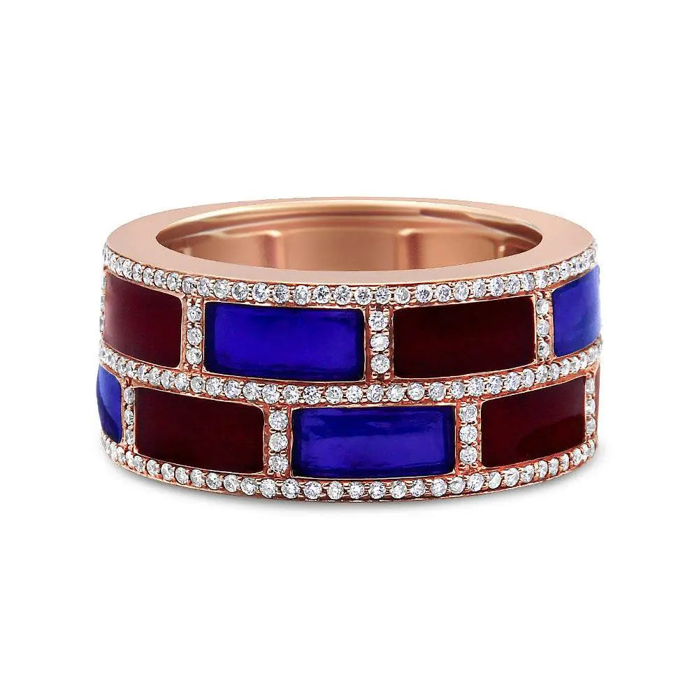 18K Rose Gold Alternating Red and Blue Enamel and 1/2 Cttw Diamond Studded Band Ring (F-G Color, VS1-VS2 Clarity) - Bijoux-NYC Direct