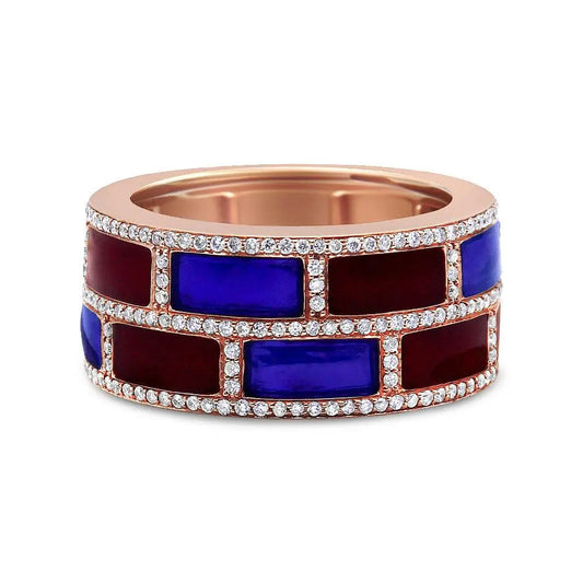 18K Rose Gold Alternating Red and Blue Enamel and 1/2 Cttw Diamond Studded Band Ring (F-G Color, VS1-VS2 Clarity) - Bijoux-NYC Direct