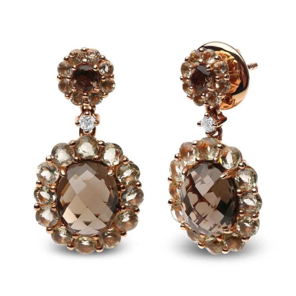 18k rose gold lemon and smoky quartz diamond halo dangle drop earrings bijoux-nyc direct