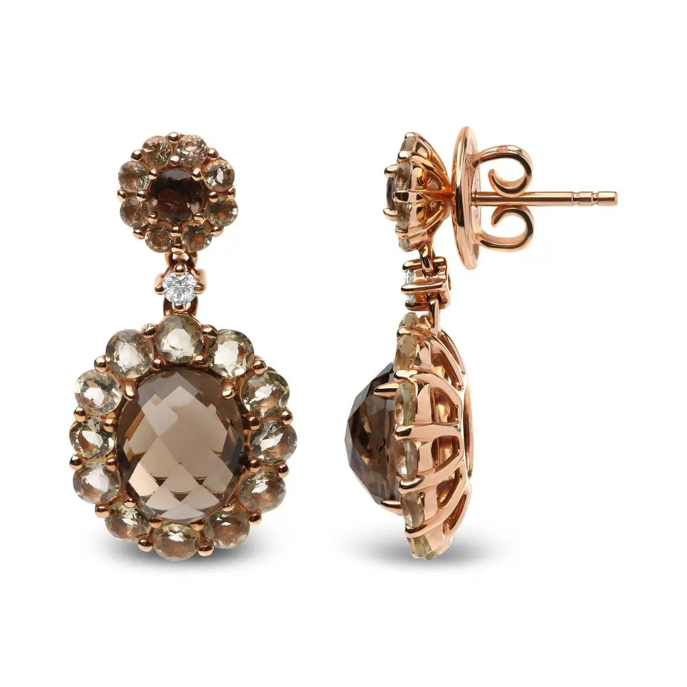 18k rose gold lemon and smoky quartz diamond halo dangle drop earrings bijoux-nyc direct